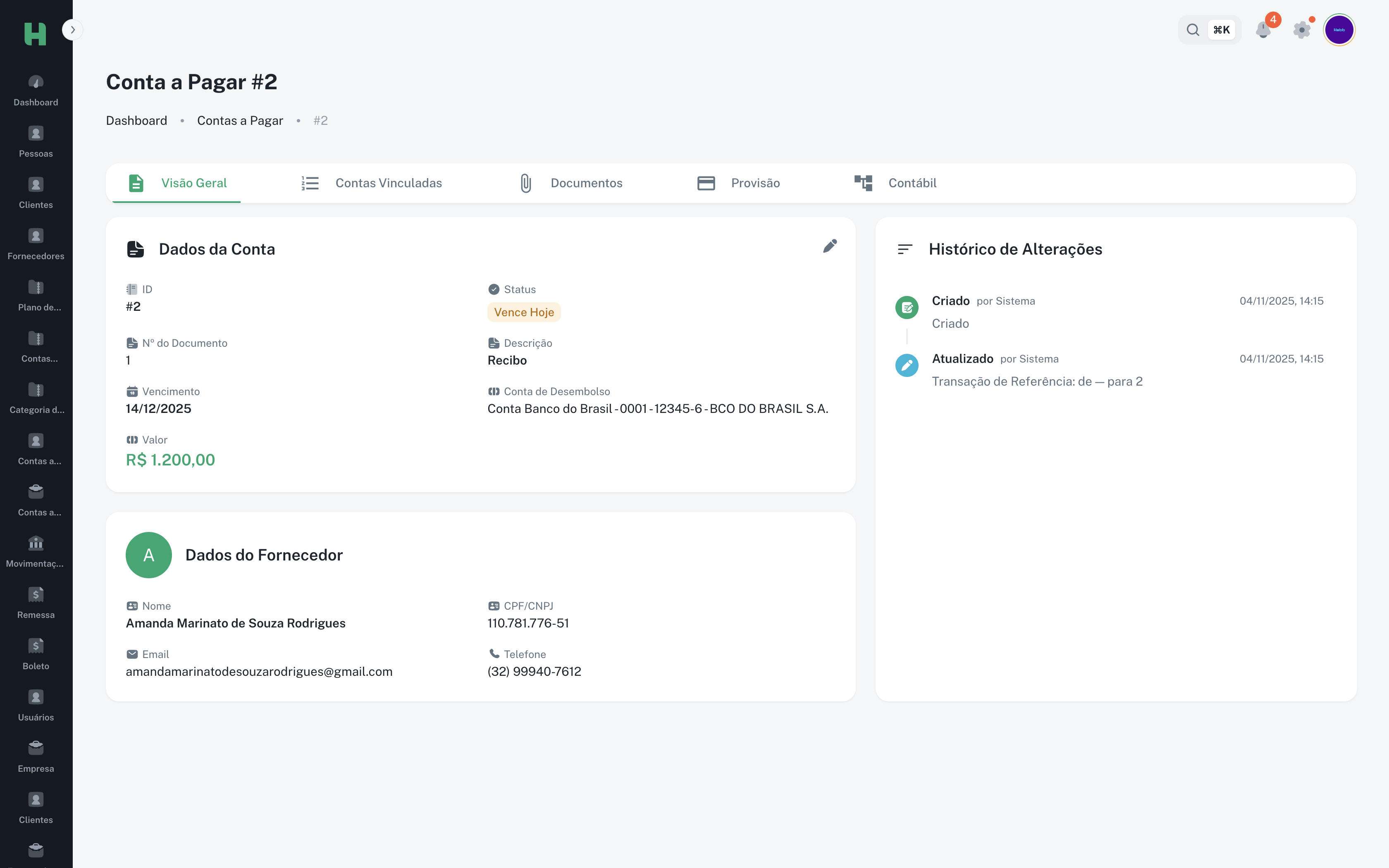 Interface de contas a pagar do sistema de tesouraria Hobb