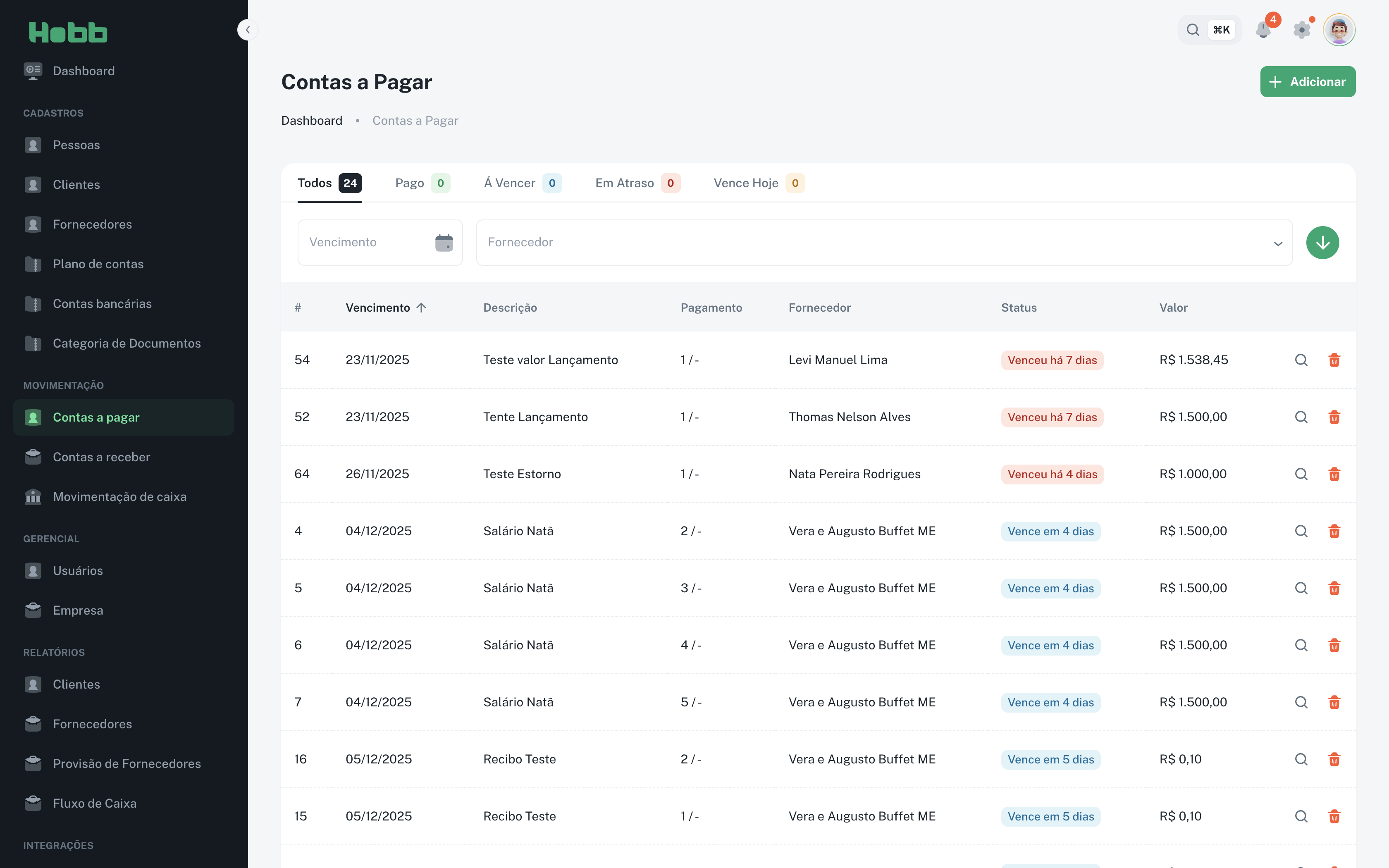 Lista completa de contas a pagar do sistema de tesouraria Hobb